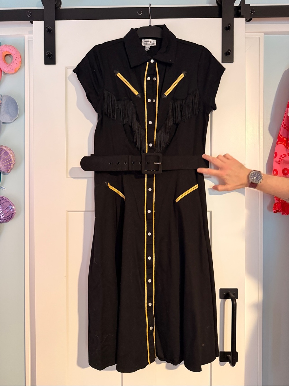 Unique Vintage Western Fringe Dress with Gold Trim